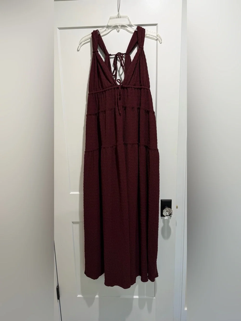 Free People Burgundy Tiered Maxi Dress with Lace-Up Back Size Medium
